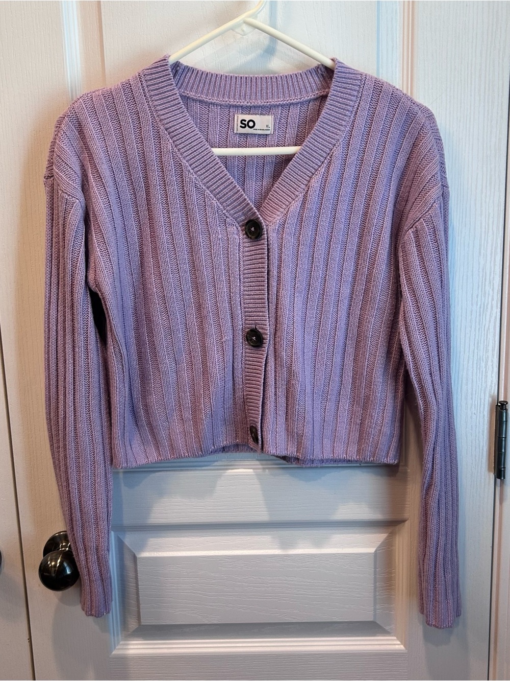 SO Women’s Lavender Ribbed Long Sleeve Cropped Button Front Cardigan Size XL